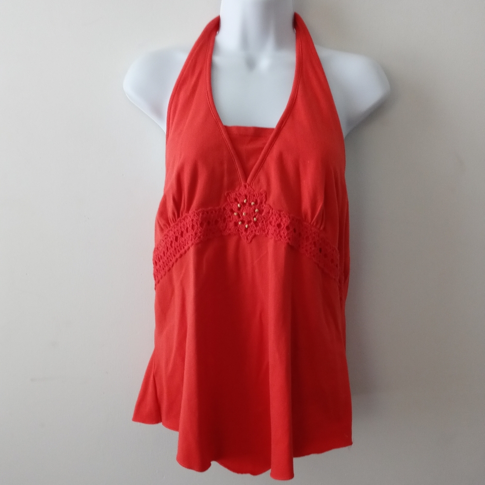 Women's Sonoma Orange Halter Top Size L Beaded Bodice Build in Bra